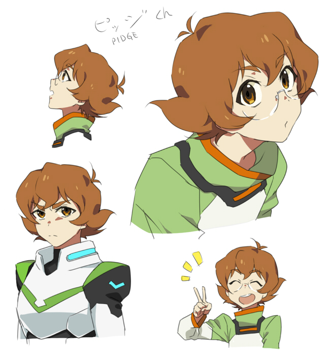 1girl antenna_hair bodysuit brown_eyes brown_hair catgirl0926 closed_eyes expressions glasses hyakujuu-ou_golion open_mouth pidge_gunderson pouty_lips profile reverse_trap serious short_hair smile solo v voltron:_legendary_defender