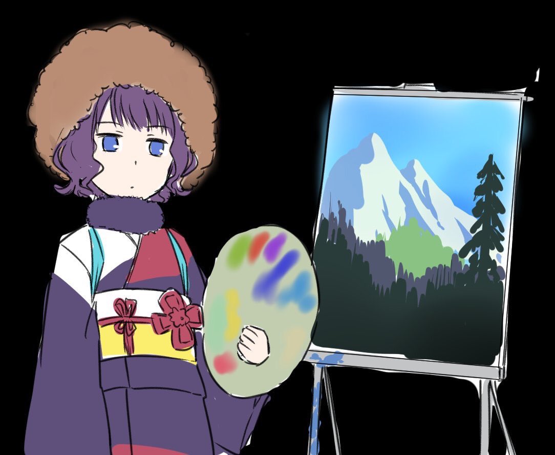 1girl afro black_background closed_mouth commentary_request fate/grand_order fate_(series) holding japanese_clothes jitome katsushika_hokusai_(fate/grand_order) kimono long_sleeves looking_at_viewer obi oyaji-sou painting_(object) palette purple_hair purple_kimono sash short_hair sketch solo standing violet_eyes wig