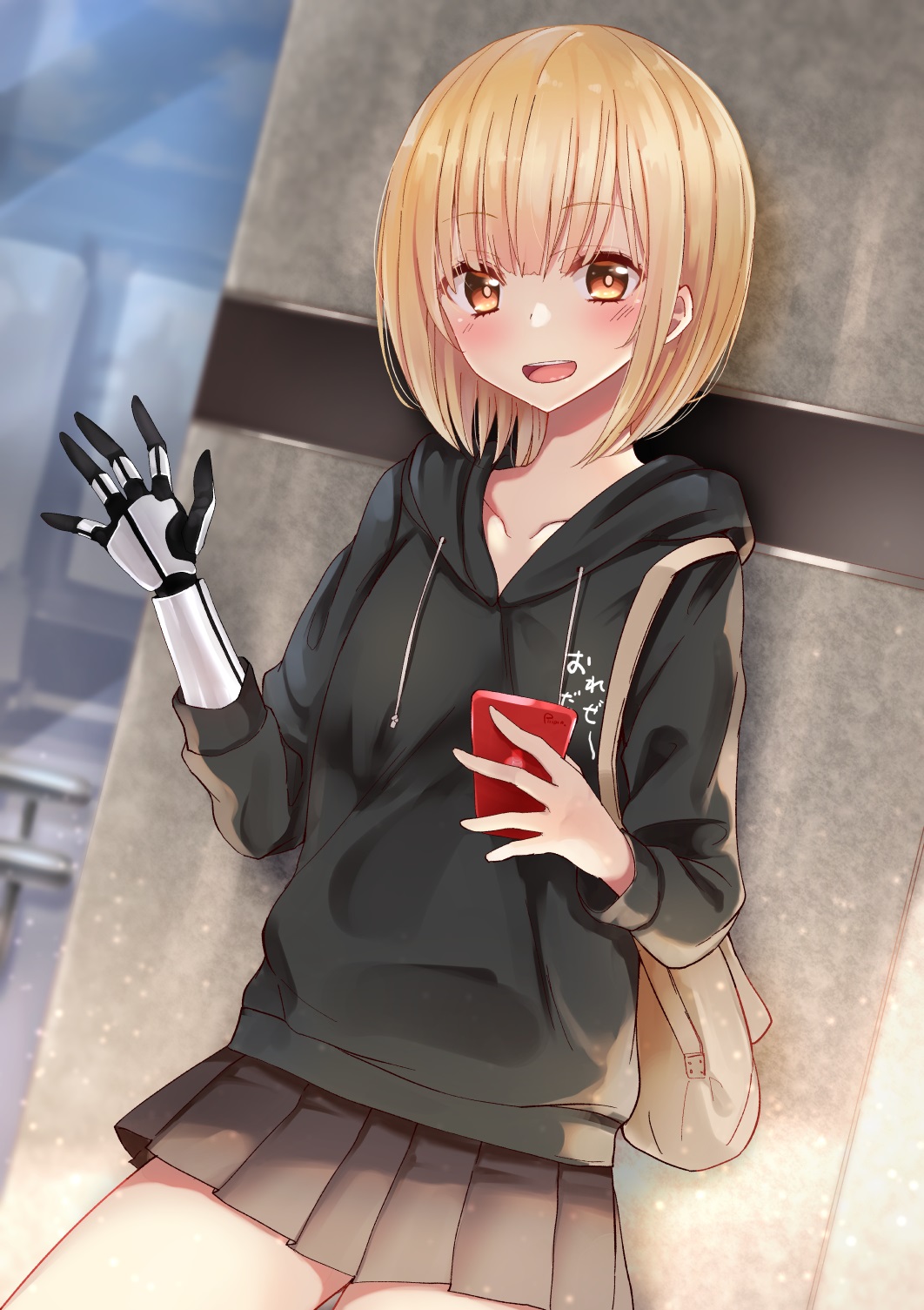 1girl :d bat black_hoodie black_skirt blonde_hair blurry blurry_background brown_eyes cellphone collarbone commentary_request drawstring eyebrows_visible_through_hair highres hood hood_down hoodie looking_at_viewer mechanical_arm open_mouth original phone piripun pleated pleated_skirt prosthesis short_hair skirt smile solo waving