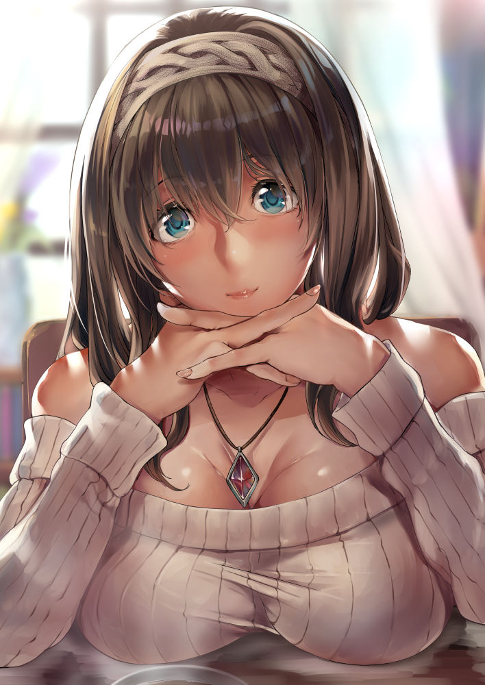1girl backlighting bare_shoulders blue_eyes blurry blurry_background breast_rest breasts brown_hair chin_rest cleavage commentary_request hair_between_eyes hairband idolmaster idolmaster_cinderella_girls interlocked_fingers jewelry large_breasts long_hair looking_at_viewer necklace nohito off-shoulder_sweater pendant pov_across_table ribbed_sweater sagisawa_fumika solo sweater