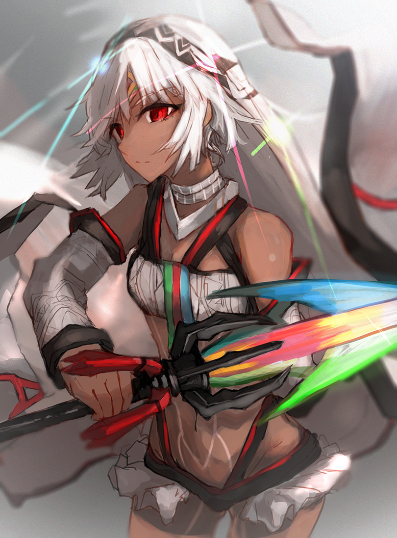 1girl altera_(fate) aruto2498 ass_visible_through_thighs bangs bare_shoulders breasts closed_mouth dark_skin detached_sleeves eyebrows_visible_through_hair fate/extella fate/extra fate/grand_order fate_(series) feet_out_of_frame headdress hips holding holding_weapon jewelry midriff navel photon_ray red_eyes short_hair simple_background small_breasts solo sword tagme tan tattoo weapon white_hair