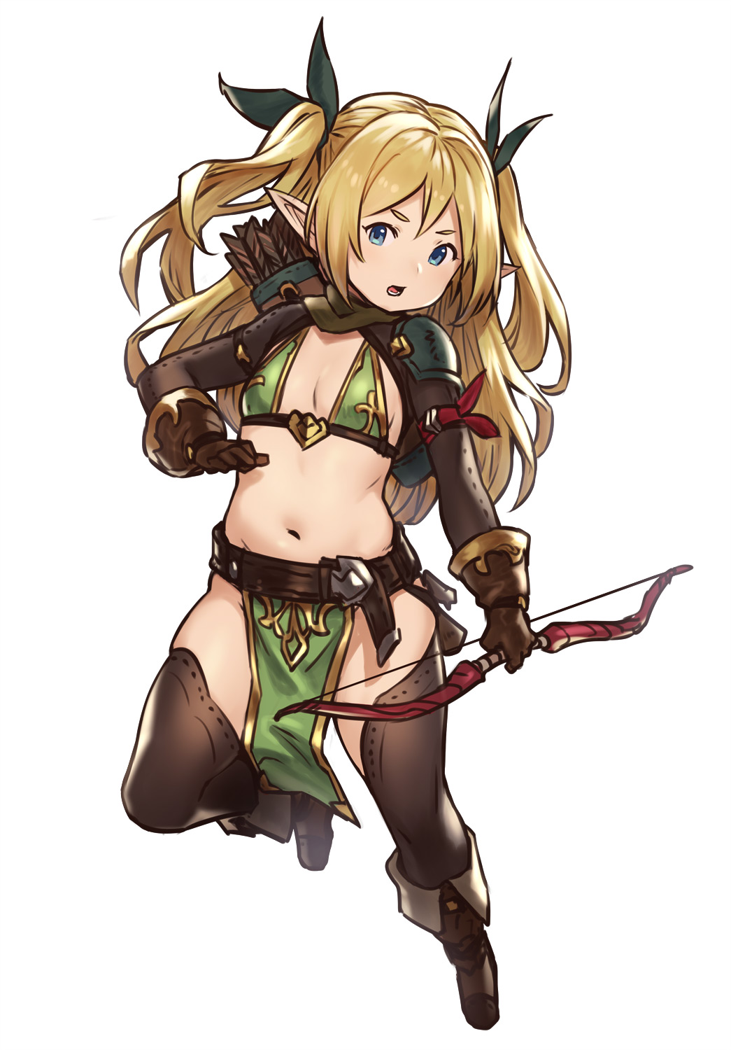 1girl arrow black_bow blonde_hair blue_eyes bow bow_(weapon) bra brown_footwear brown_gloves brown_legwear elf flat_chest full_body gloves green_bra hair_bow highres holding holding_bow_(weapon) holding_weapon houtengeki long_hair looking_at_viewer navel original parted_lips pelvic_curtain pointy_ears quiver shoulder_pads simple_background solo standing standing_on_one_leg thigh-highs two_side_up underwear weapon white_background