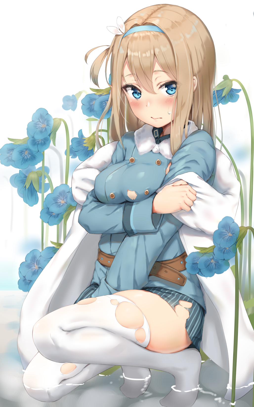 1girl 3: bangs blonde_hair blue_flower blue_skirt blush breasts closed_mouth coat double-breasted floral_background flower fur_trim girls_frontline hair_between_eyes hairband highres long_hair looking_at_viewer medium_breasts one_side_up reinama shallow_water sidelocks skirt solo squatting striped striped_skirt suomi_kp31_(girls_frontline) thigh-highs thighs torn_clothes torn_skirt torn_thighhighs uniform white_legwear
