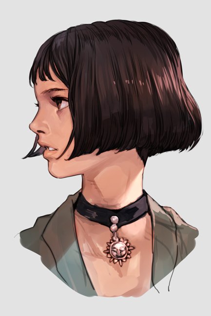 1girl black_hair bob_cut brown_eyes choker grey_background hankuri leon_the_professional looking_to_the_side mathilda_lando portrait profile short_hair