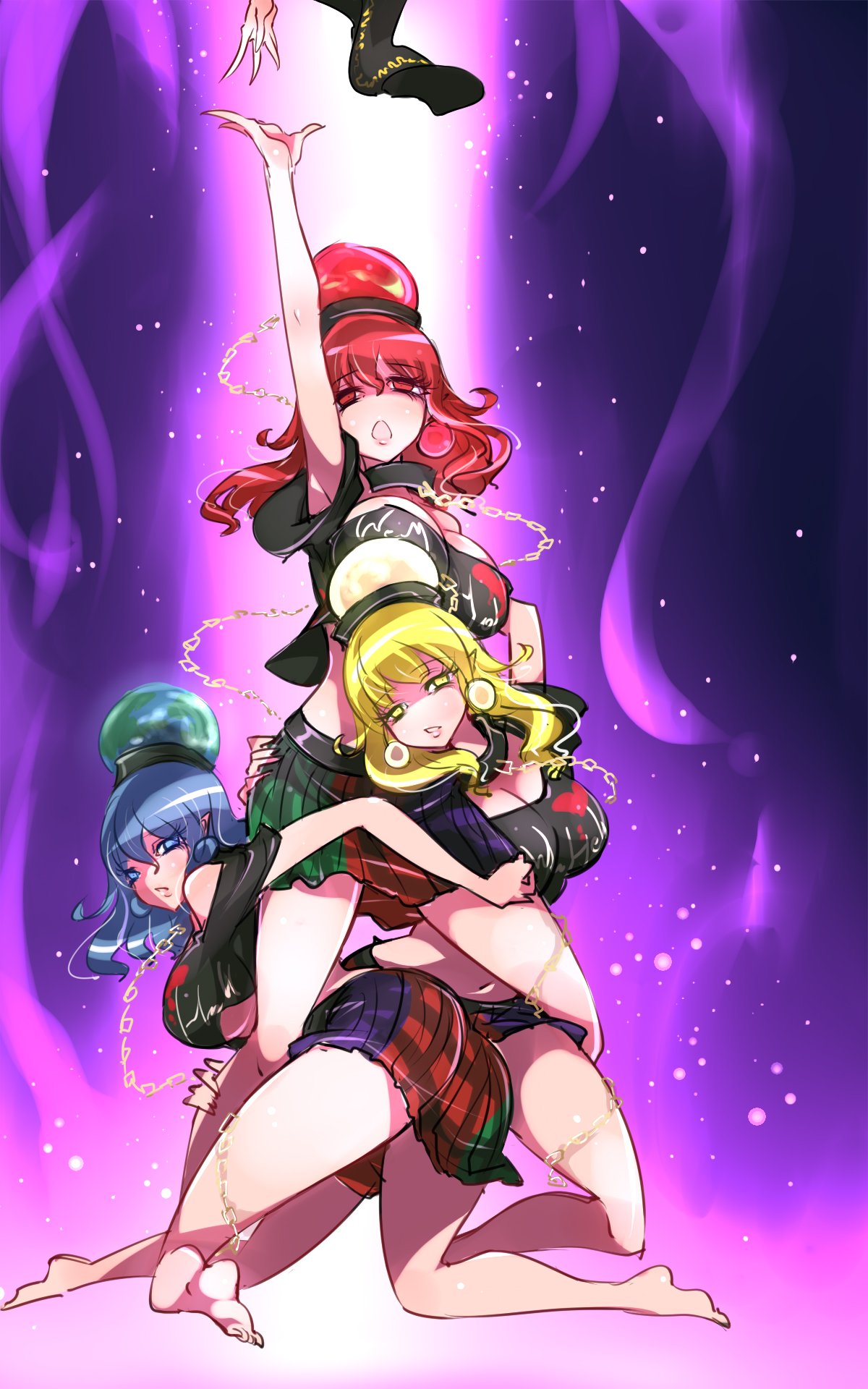 4girls ass bangs barefoot bent_over black_shirt blonde_hair blue_eyes blue_hair blush breasts chain chains chinese_clothes cleavage clothes_writing collar earrings earth_(ornament) energy eyebrows_visible_through_hair eyes_visible_through_hair from_behind full_body glowing_earrings gold_chain gundam gundam_narrative hand_on_another's_leg hand_on_another's_thigh heart heart_print hecatia_lapislazuli highres hips jewelry junko_(touhou) large_breasts legs light light_particles long_hair looking_at_viewer looking_back looking_to_the_side looking_up midriff moon_(ornament) multicolored multicolored_clothes multicolored_skirt multiple_girls multiple_persona navel off-shoulder_shirt open_mouth out_of_frame parody parted_lips pink_lips pointy_ears polos_crown purple_background raptor7 reaching red_eyes redhead shiny shiny_hair shirt short_sleeves skirt smile soles stomach thighs toes touhou under_boob wide_sleeves yellow_eyes
