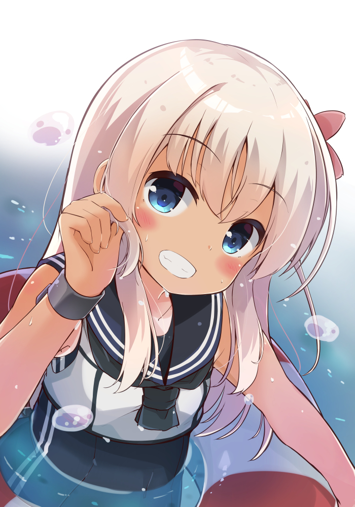 1girl bangs blue_eyes blush bracelet commentary_request crop_top eyebrows_visible_through_hair flower hair_between_eyes hair_flower hair_ornament jewelry kantai_collection lifebuoy long_hair looking_at_viewer one-piece_swimsuit one-piece_tan open_mouth partially_submerged ro-500_(kantai_collection) sailor_collar school_swimsuit smile solar_milk solo swimsuit swimsuit_under_clothes tan tanline water wet white_hair