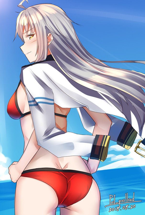 1girl ahoge alternate_costume ass back beach bikini blue_sky blush breasts butt_crack closed_mouth clouds dated day eyebrows_visible_through_hair facial_scar from_behind gangut_(kantai_collection) hair_between_eyes hands_on_hips jacket kantai_collection light_smile long_hair long_sleeves looking_at_viewer looking_back medium_breasts ocean off_shoulder outdoors pallad red_bikini remodel_(kantai_collection) scar scar_on_cheek signature silver_hair sky smile swimsuit thighs white_jacket