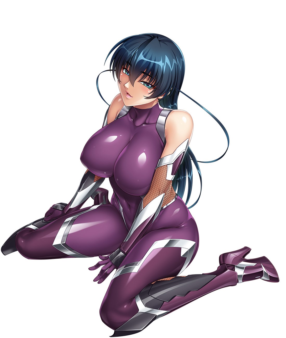 1girl aqua_eyes bangs bare_shoulders blue_hair bodysuit breasts covered_collarbone covered_navel elbow_gloves fishnets full_body gloves highres igawa_asagi impossible_bodysuit impossible_clothes kagami_hirotaka katana large_breasts lilith-soft lipstick long_hair looking_at_viewer makeup official_art parted_lips shiny shiny_clothes shiny_hair shiny_skin simple_background sitting skin_tight sleeveless smile solo sword taimanin_(series) taimanin_asagi thigh-highs wariza weapon white_background