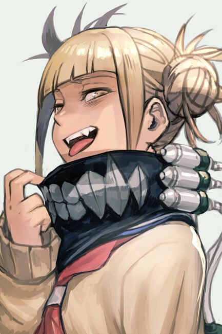 1girl blonde_hair boku_no_hero_academia crazy_smile grey_background hair_bun hankuri mask portrait profile sailor_collar sharp_teeth teeth toga_himiko tongue tongue_out yellow_eyes