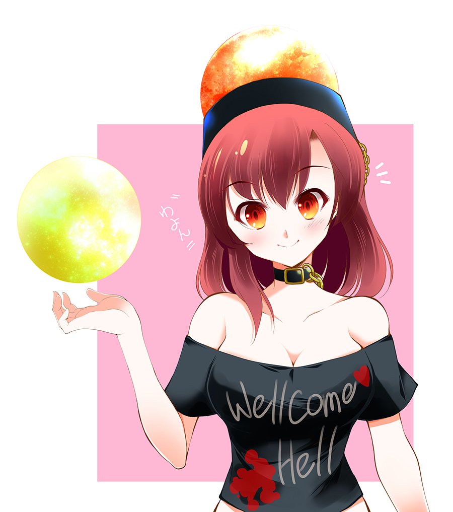 1girl bare_shoulders blush breasts chains choker clothes_writing commentary_request crop_top eyebrows_visible_through_hair hecatia_lapislazuli large_breasts looking_at_viewer medium_hair moon_(ornament) off-shoulder_shirt polos_crown red_eyes redhead shirt smile solo touhou translated upper_body usuusu