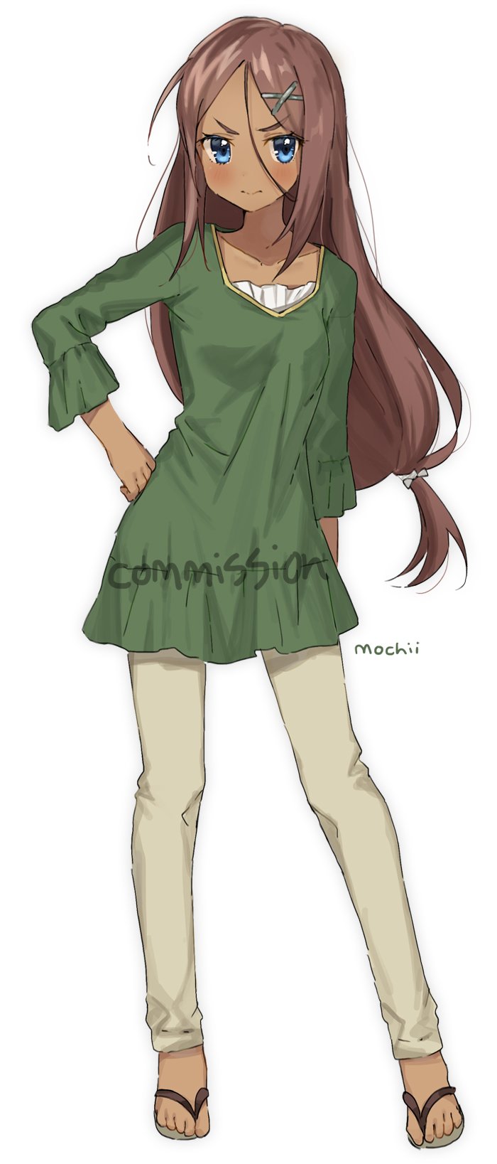 1girl ahagon_umiko blue_eyes blush brown_hair closed_mouth commentary_request commission contrapposto dark_skin dress full_body green_dress grey_pants hair_ornament hairclip hand_on_hip highres long_hair looking_at_viewer low-tied_long_hair mochii new_game! pants sandals short_dress signature simple_background solo watermark white_background x_hair_ornament