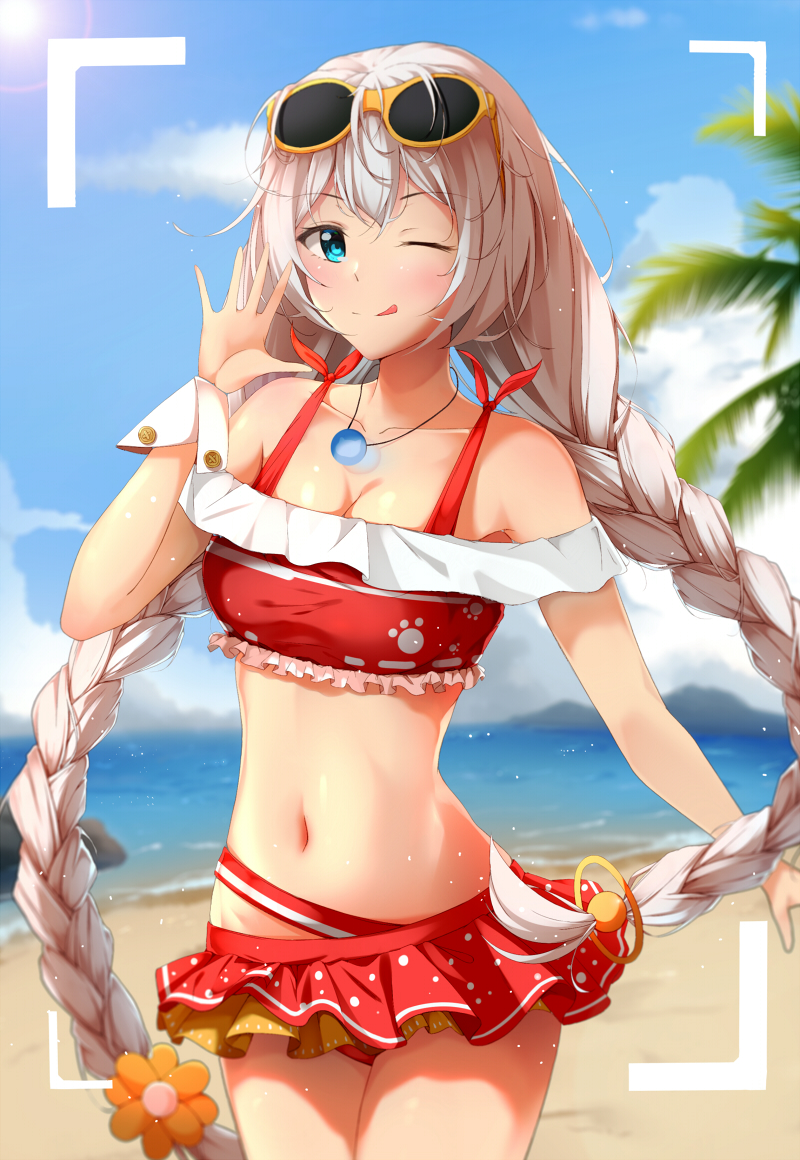 1girl 2267420264 ;) ;q beach benghuai_xueyuan bikini bikini_skirt blue_eyes blush braid breasts collarbone cowboy_shot day eyewear_on_head flower frilled_bikini_top hair_between_eyes hair_flower hair_ornament honkai_impact jewelry kiana_kaslana long_hair looking_at_viewer medium_breasts microskirt navel necklace ocean one_eye_closed outdoors red_bikini silver_hair single_stripe skirt sky smile solo sun sunglasses swimsuit taking_picture tongue tongue_out twin_braids very_long_hair wrist_cuffs