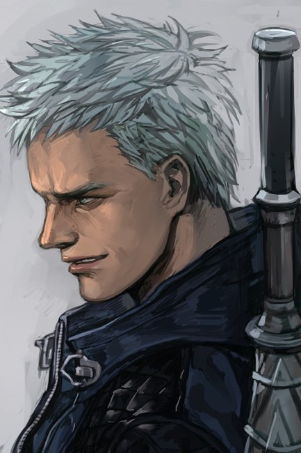 1boy blue_eyes blue_hair blue_jacket copyright_request devil_may_cry from_side grey_background grin hankuri jacket male_focus nero parted_lips profile simple_background smile solo upper_body