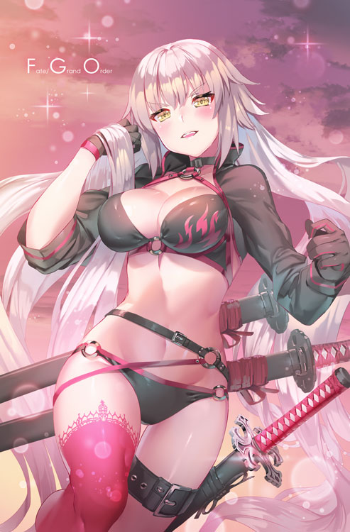 1girl aguy asymmetrical_legwear bangs bikini black_bikini black_gloves black_jacket blush breasts brown_eyes cleavage clouds cloudy_sky commentary_request copyright_name eyebrows_visible_through_hair fate/grand_order fate_(series) gloves head_tilt jacket jeanne_d'arc_(alter_swimsuit_berserker) jeanne_d'arc_(fate)_(all) katana large_breasts light_brown_hair long_hair long_sleeves looking_at_viewer o-ring o-ring_bikini o-ring_bottom o-ring_top outdoors red_legwear sheath sheathed single_thighhigh sky solo swimsuit sword thigh-highs v-shaped_eyebrows very_long_hair weapon