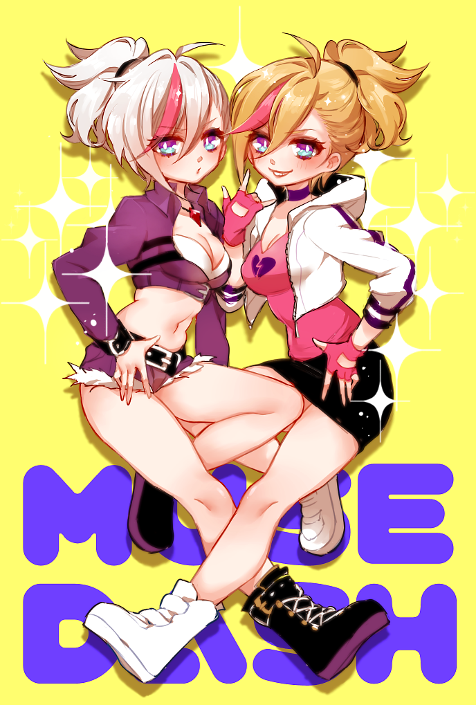 2girls \m/ black_footwear blonde_hair blue_eyes blush breasts chino_machiko choker cleavage closed_mouth cropped_jacket fingerless_gloves from_side gloves jacket jewelry large_breasts long_sleeves looking_at_viewer looking_to_the_side multicolored multicolored_eyes multicolored_hair multiple_girls muse_dash navel necklace parted_lips pink_gloves ponytail purple_choker red_jacket rin_(muse_dash) shoes smile sneakers sparkle streaked_hair violet_eyes white_footwear white_hair yellow_background