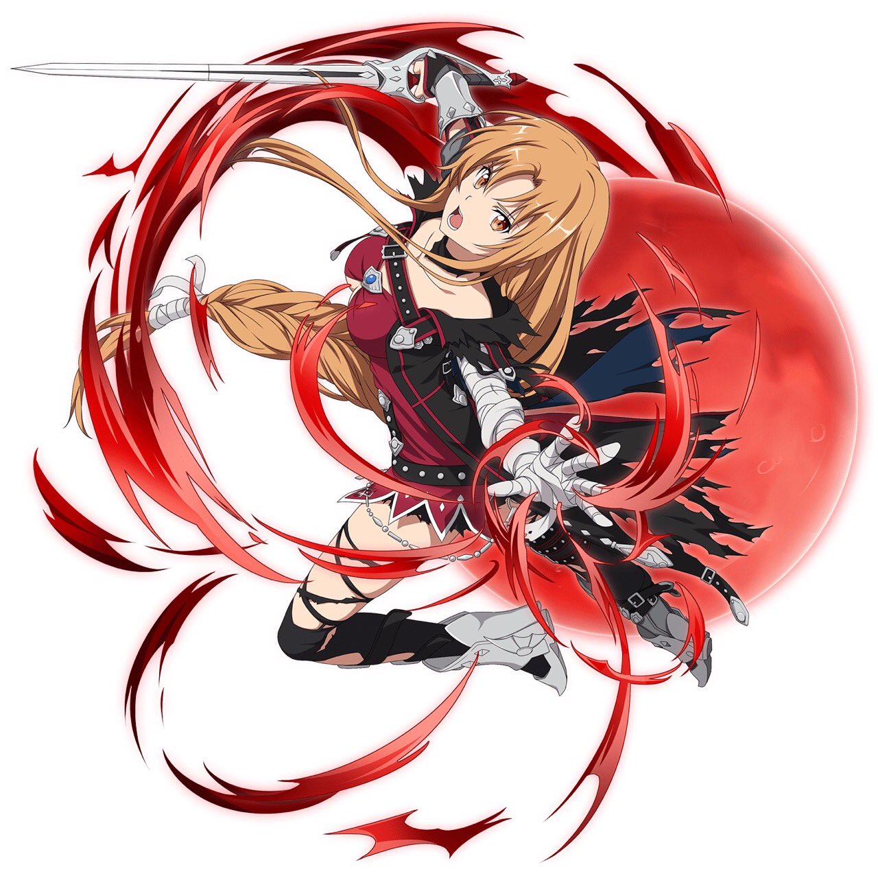 1girl armored_boots asuna_(sao) bandage black_cape black_legwear black_shorts boots breasts brown_eyes brown_hair cape cleavage collarbone cosplay floating_hair hair_between_eyes highres holding holding_sword holding_weapon long_hair looking_at_viewer low-tied_long_hair medium_breasts open_mouth outstretched_arms ponytail red_shirt shiny shiny_hair shirt short_shorts shorts simple_background solo sword sword_art_online sword_art_online:_code_register tales_of_(series) tales_of_berseria thigh-highs torn_cape torn_clothes torn_thighhighs velvet_crowe velvet_crowe_(cosplay) very_long_hair weapon white_background