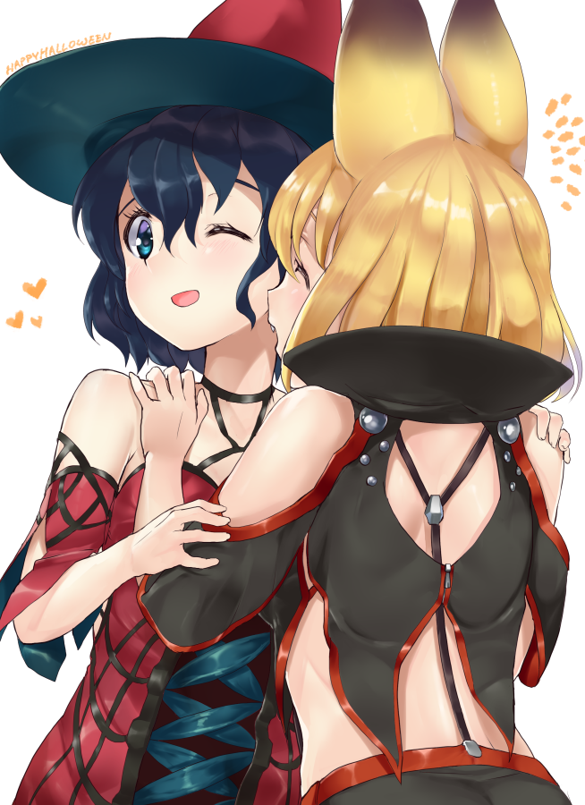 2girls alternate_costume animal_ears bare_shoulders black_hair blonde_hair blue_eyes detached_sleeves fang hand_on_another's_arm hand_on_another's_shoulder heart kaban_(kemono_friends) kemono_friends multiple_girls one_eye_closed serval_(kemono_friends) serval_ears short_hair short_sleeves spaghetti_strap strap tadano_magu yuri