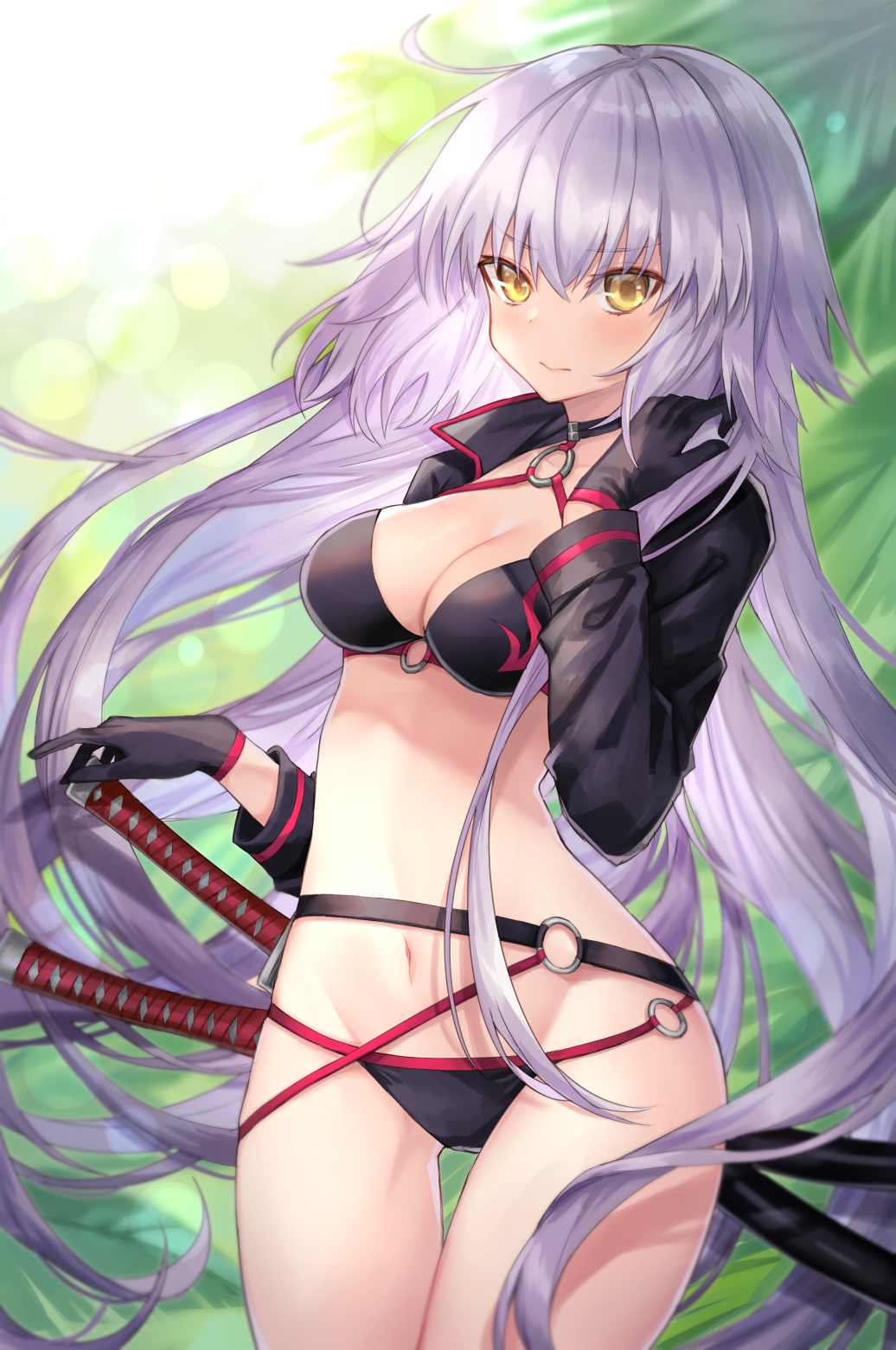 .com_(cu_105) 1girl ahoge ass_visible_through_thighs bangs bikini black_bikini black_gloves black_jacket blush breasts choker cleavage closed_mouth commentary_request cowboy_shot day eyebrows_visible_through_hair fate/grand_order fate_(series) floating_hair gloves groin hair_between_eyes hand_on_hilt hand_up hands_on_own_shoulder high_collar highres jacket jeanne_d'arc_(alter_swimsuit_berserker) jeanne_d'arc_(fate)_(all) katana large_breasts long_hair long_sleeves looking_at_viewer medium_breasts navel o-ring o-ring_bikini o-ring_bottom o-ring_top outdoors sheath sheathed silver_hair solo standing swimsuit sword thigh_gap thighs very_long_hair weapon yellow_eyes