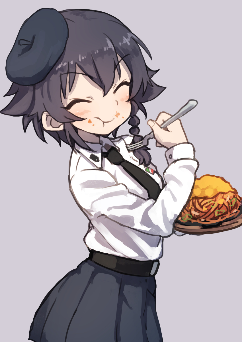 1girl :t anzio_school_uniform bangs beret black_hair black_hat black_neckwear black_skirt braid brown_eyes closed_eyes closed_mouth commentary dress_shirt emblem facing_viewer food food_on_face fork from_side gazacy_(dai) girls_und_panzer grey_background hat highres holding long_sleeves miniskirt necktie pasta pepperoni_(girls_und_panzer) plate pleated_skirt school_uniform shirt short_hair side_braid simple_background skirt smile solo standing upper_body v-shaped_eyebrows white_shirt wing_collar