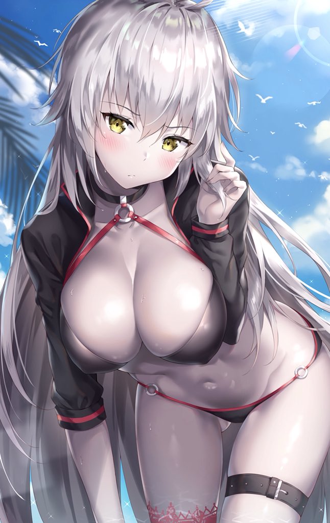 1girl ale_nqki bangs bikini bird black_bikini black_jacket blue_sky blush breasts choker cleavage closed_mouth collarbone cropped_jacket fate/grand_order fate_(series) hair_between_eyes hand_in_hair hips jacket jeanne_d'arc_(alter_swimsuit_berserker) jeanne_d'arc_(fate)_(all) large_breasts leaning_forward long_hair looking_at_viewer navel o-ring pale_skin palm_tree sky solo sunlight swimsuit thigh_strap thighs tree very_long_hair waist yellow_eyes
