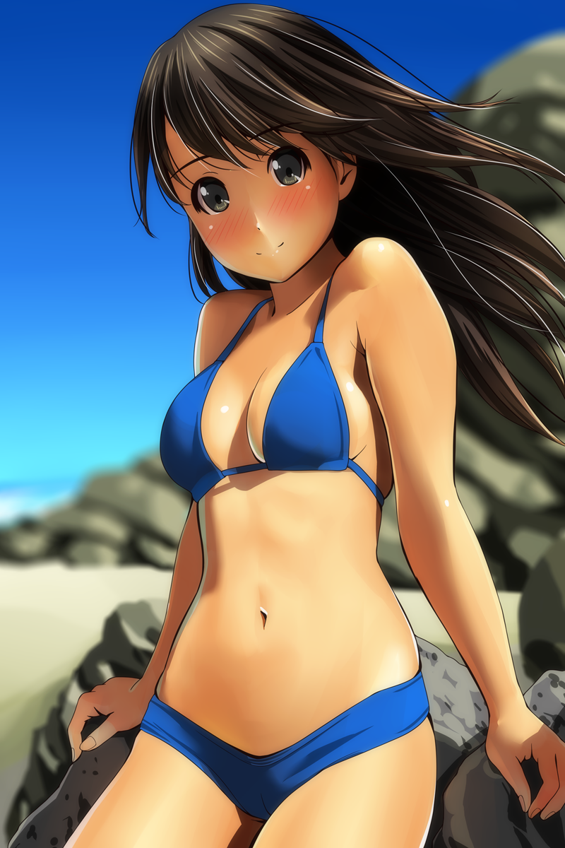 1girl arm_support bangs bare_arms bare_shoulders beach bikini black_eyes blue_bikini blue_sky blurry blurry_background blush breasts brown_hair closed_mouth collarbone commentary_request cute day depth_of_field eyebrows_visible_through_hair fingernails head_tilt highres long_hair matsunaga_kouyou navel nose_blush original outdoors sand sky small_breasts smile solo swimsuit