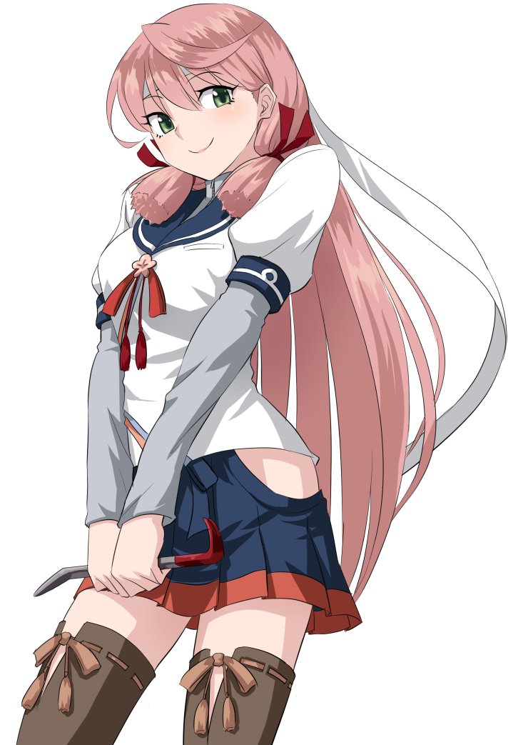 1girl akashi_(kantai_collection) blue_sailor_collar blue_skirt brown_legwear cowboy_shot crowbar green_eyes hair_ribbon headband hip_vent kantai_collection long_hair long_sleeves minarai_zouhyou neck_ribbon pink_hair pleated_skirt red_ribbon ribbon sailor_collar school_uniform serafuku simple_background skirt solo standing thigh-highs tress_ribbon white_background