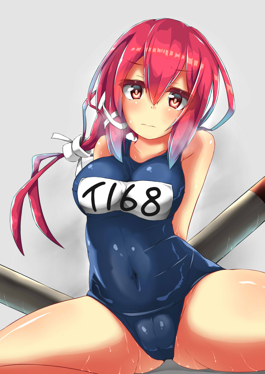 1girl blush breasts closed_mouth curvy eyebrows_visible_through_hair grey_background hair_between_eyes highres i-168_(kantai_collection) kantai_collection large_breasts long_hair plump red_eyes redhead school_swimsuit simple_background solo swimsuit thighs torpedo unomi