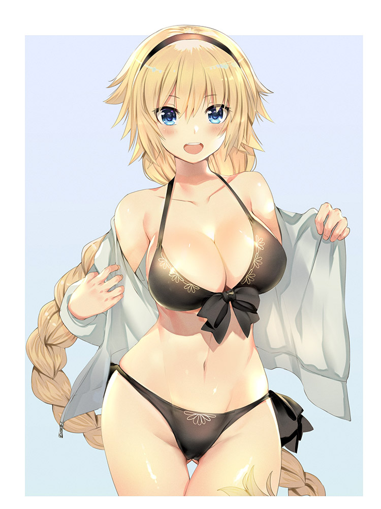 1girl bangs bare_shoulders bikini black_bikini blonde_hair blue_background blue_eyes blush border braid breasts cleavage collarbone fate/grand_order fate_(series) grey_jacket hairband hips jacket jeanne_d'arc_(fate)_(all) jeanne_d'arc_(swimsuit_archer) large_breasts long_hair looking_at_viewer navel off_shoulder open_clothes open_jacket open_mouth simple_background smile solo swimsuit teddy_(khanshin) thighs very_long_hair waist white_border