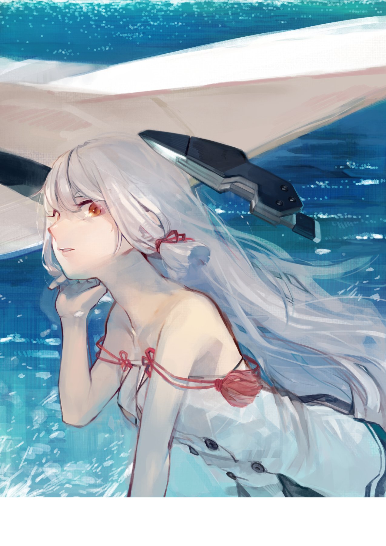 1girl aika_warazu bangs bare_arms bare_shoulders breasts buttons cleavage collarbone dress_shirt hair_between_eyes hair_ornament hand_on_own_cheek highres kantai_collection long_hair looking_at_viewer murakumo_(kantai_collection) ocean open_mouth shirt solo standing white_hair yellow_eyes