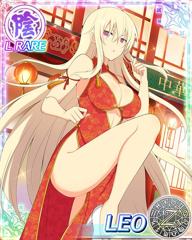 1girl blonde_hair breasts card_(medium) character_name china_dress chinese_clothes cleavage dress high_heels large_breasts leo_(senran_kagura) long_hair looking_at_viewer official_art parted_lips senran_kagura senran_kagura_new_wave solo standing standing_on_one_leg trading_card very_long_hair violet_eyes white_footwear yaegashi_nan