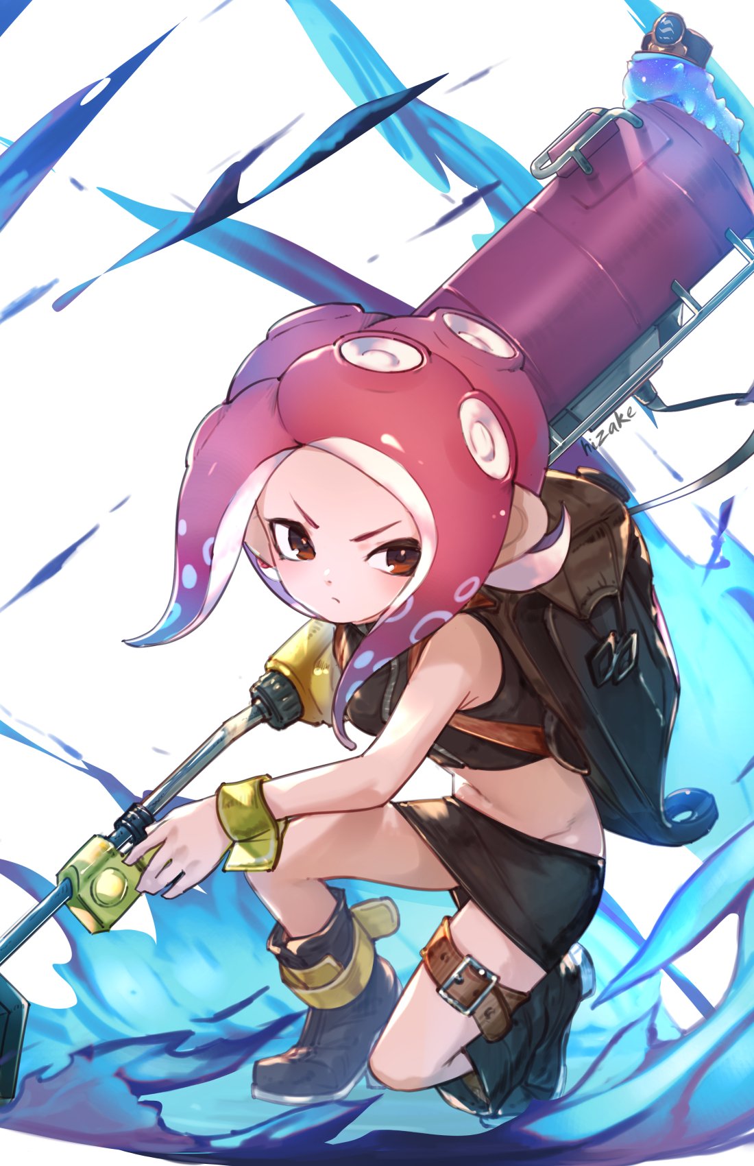 1boy 1girl agent_8 backpack bag bare_arms bare_shoulders belt_buckle black_footwear black_hat black_shirt black_skirt boots breasts brown_belt brown_eyes buckle closed_mouth conductor_namako crop_top floating_hair full_body hat highres holding holding_weapon ink kashu_(hizake) long_hair looking_at_viewer midriff miniskirt monster_girl navel octarian octoling pencil_skirt redhead serious shirt signature simple_background skirt sleeveless sleeveless_shirt small_breasts splat_roller_(splatoon) splatoon splatoon_2 splatoon_2:_octo_expansion squatting squidbeak_splatoon stomach suction_cups tentacle_hair thigh_strap v-shaped_eyebrows weapon white_background wrist_cuffs zipper