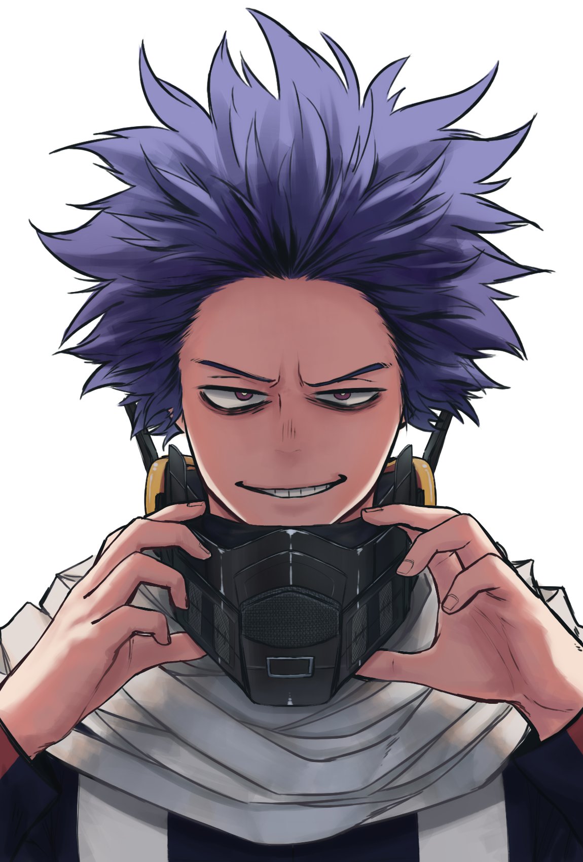 1boy boku_no_hero_academia highres keiid male_focus mask purple_hair scarf shinsou_hitoshi simple_background smirk spiky_hair upper_body white_background white_scarf