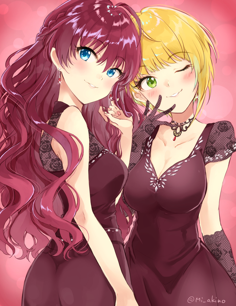 2girls ahoge bangs bare_shoulders black_dress black_gloves blonde_hair blue_eyes blush braid breasts brown_hair cleavage collarbone dress earrings elbow_gloves eyelashes floral_print gloves green_eyes grin hair_between_eyes hips ichinose_shiki idolmaster idolmaster_cinderella_girls idolmaster_cinderella_girls_starlight_stage jewelry large_breasts long_hair medium_breasts miyabi_akino miyamoto_frederica multiple_girls one_eye_closed shiny shiny_hair short_hair smile stenciled_rose wavy_hair