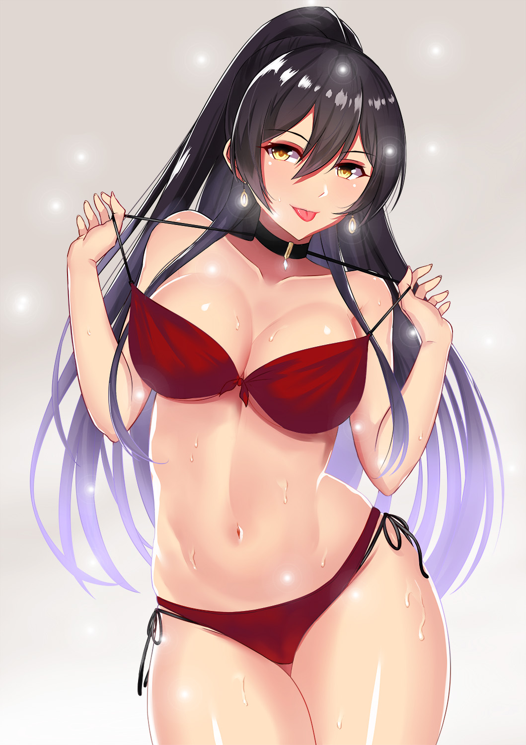 1girl :p bikini bikini_pull black_choker black_hair breasts choker cleavage commentary_request earrings highres idolmaster idolmaster_shiny_colors jewelry large_breasts long_hair looking_at_viewer navel ponytail rafu_(motrer1) red_bikini shirase_sakuya side-tie_bikini solo swimsuit tongue tongue_out wet yellow_eyes