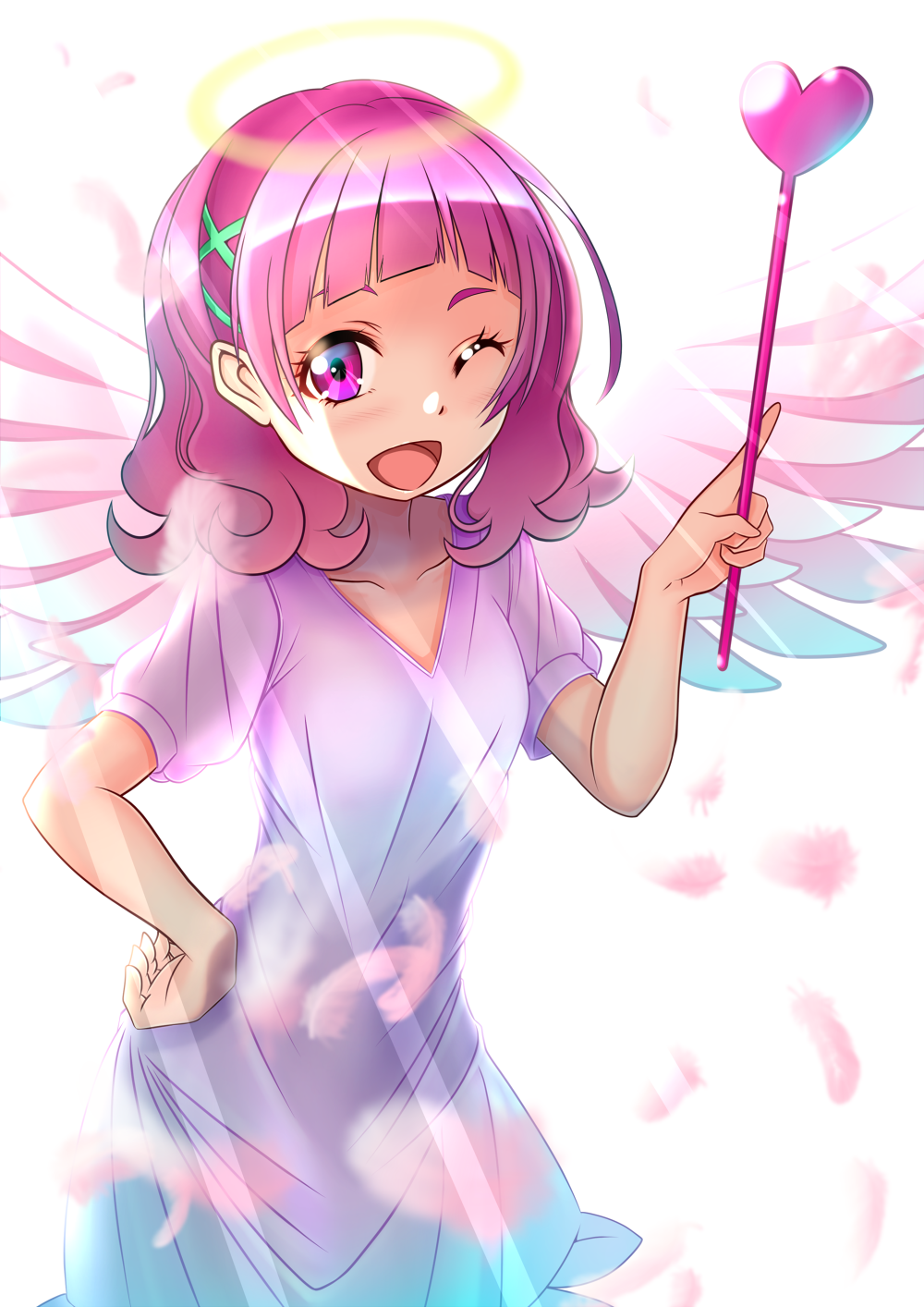 1girl ;d angel_wings bangs blunt_bangs blush collarbone commentary_request dress hair_ornament hand_on_hip highres hugtto!_precure looking_at_viewer nono_hana one_eye_closed open_mouth pink_eyes pink_hair precure short_hair smile solo wings x_hair_ornament zakuro0508