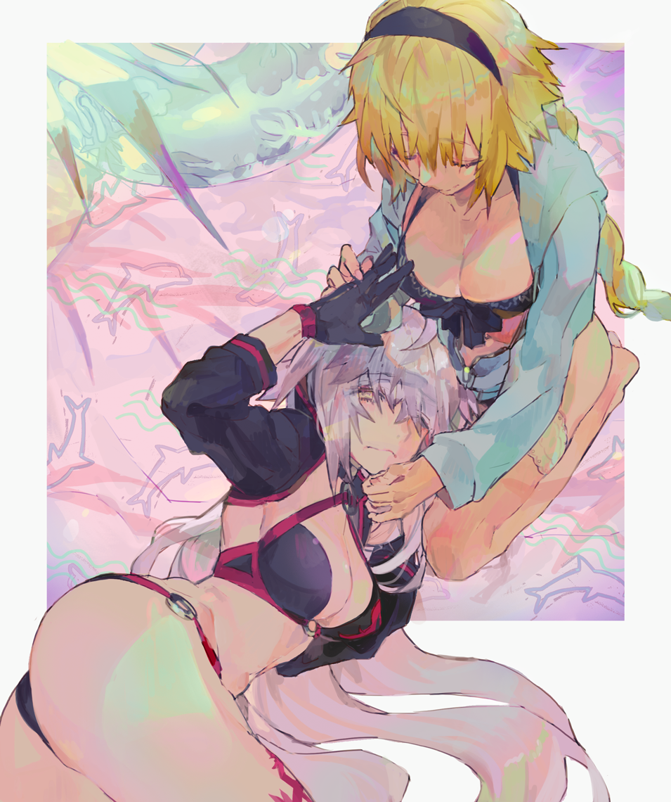 2girls ahoge bangs bikini black_bikini black_jacket blonde_hair blue_eyes border braid breasts choker cleavage closed_eyes closed_mouth commentary_request eyebrows_visible_through_hair fate/apocrypha fate/grand_order fate_(series) gloves grey_border hair_between_eyes hairband jacket jeanne_d'arc_(alter_swimsuit_berserker) jeanne_d'arc_(fate)_(all) jeanne_d'arc_(swimsuit_archer) kibadori_rue large_breasts long_hair multicolored multicolored_background multiple_girls o-ring sad smile swimsuit very_long_hair yellow_eyes
