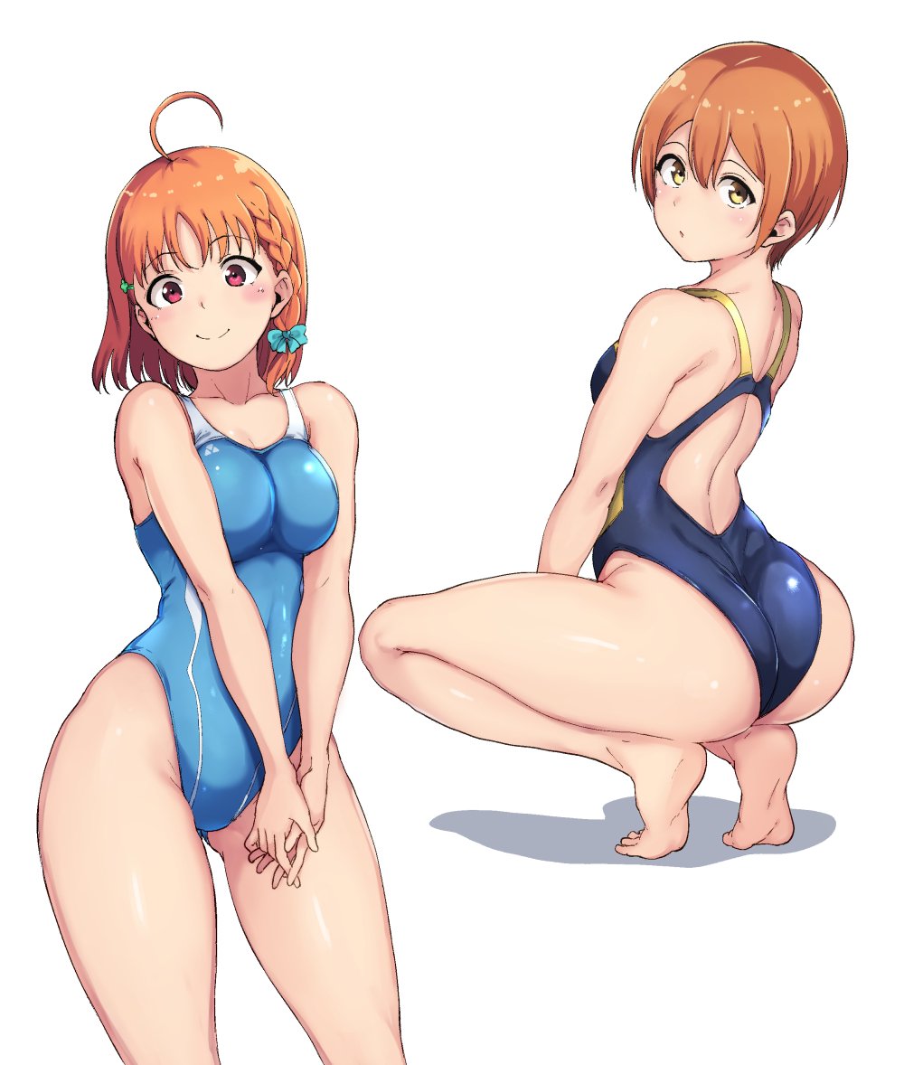 2girls ahoge alp ass bare_shoulders blue_swimsuit braid breasts competition_school_swimsuit from_behind hair_ribbon hoshizora_rin looking_at_viewer looking_back love_live! love_live!_school_idol_project love_live!_sunshine!! medium_breasts multiple_girls one-piece_swimsuit orange_hair ribbon school_swimsuit shiny shiny_hair shiny_skin short_hair side_braid simple_background smile squatting standing swimsuit takami_chika white_background yellow_eyes