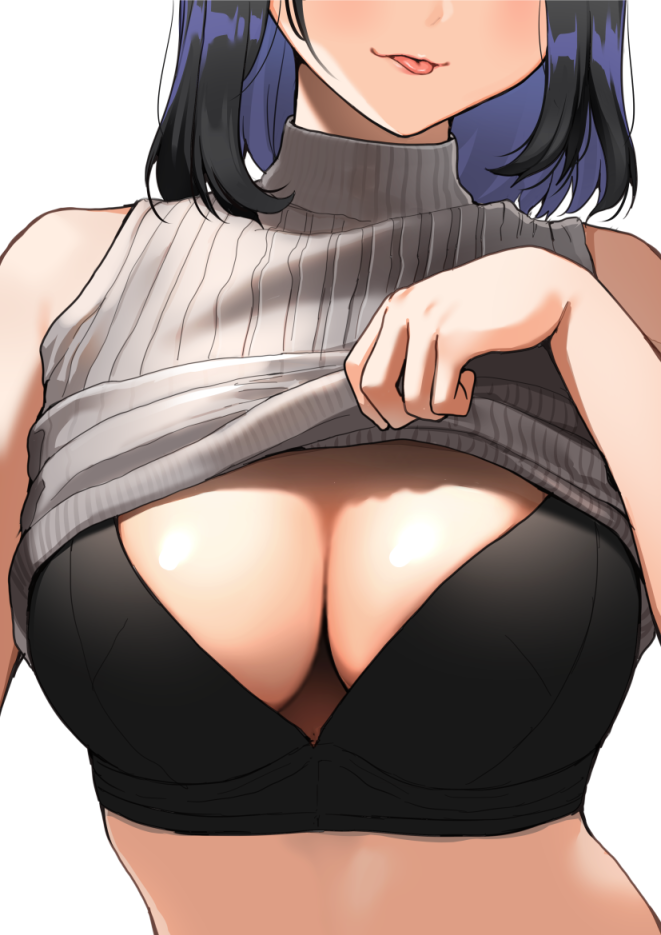 1girl black_bra black_hair bra breasts cleavage close-up head_out_of_frame large_breasts lifted_by_self nishizawa original shirt_lift sleeveless sleeveless_turtleneck solo sweater tongue tongue_out turtleneck turtleneck_sweater underwear white_background