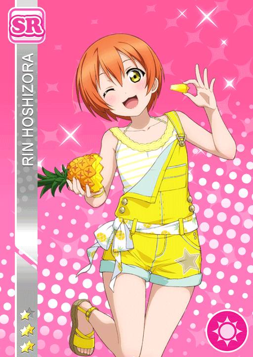 blush character_name dress green_eyes hoshizora_rin love_live!_school_idol_festival love_live!_school_idol_project orange_hair overalls pineapple short_hair smile wink