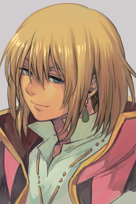 1boy blonde_hair blue_eyes earrings grey_background hankuri howl_(howl_no_ugoku_shiro) howl_no_ugoku_shiro jewelry male_focus popped_collar portrait smile