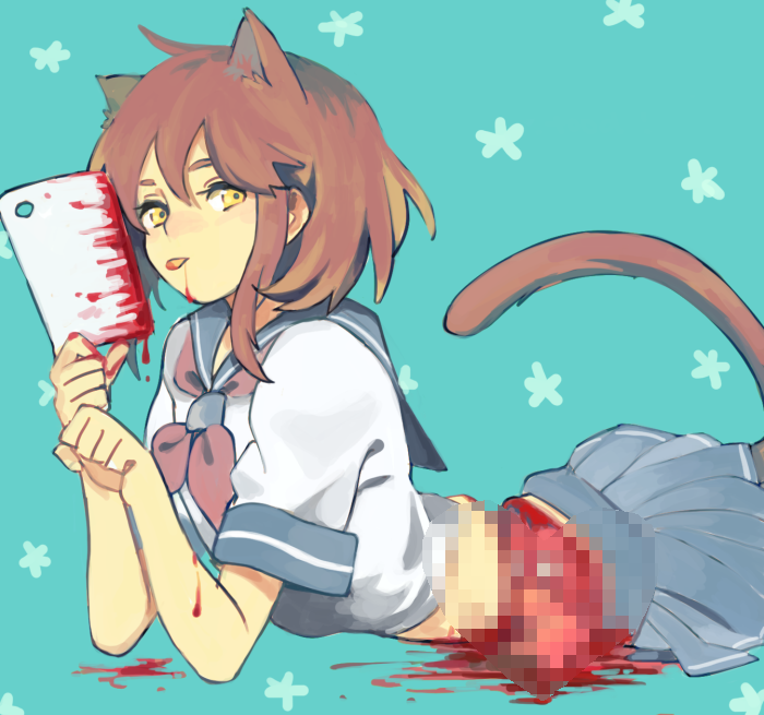 1girl animal_ears aqua_background bangs bleeding blood blood_drip blood_from_mouth blood_on_face blood_splatter blue_sailor_collar blue_skirt bob_cut breasts brown_hair cat_ears cat_girl cat_tail censored censored_violence closed_mouth commentary_request crop_top expressionless from_side half-closed_eyes hands_up heart heart_censor holding kao_(kaoree) licking licking_blood looking_at_viewer looking_to_the_side lying medium_hair miniskirt mosaic_censoring neckerchief on_stomach original pleated_skirt red_neckwear sailor_collar shirt short_sleeves sidelocks simple_background skirt sleeve_cuffs small_breasts solo tail thick_eyebrows tongue tongue_out white_shirt yellow_eyes