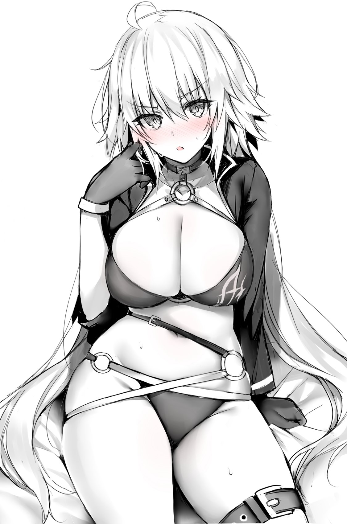 1girl ahoge arm_support belt bikini blue_gk blush breasts bursting_breasts choker cleavage commentary_request deep_skin eyebrows_visible_through_hair fate/grand_order fate_(series) gloves greyscale groin hair_between_eyes highres jacket jeanne_d'arc_(alter)_(fate) jeanne_d'arc_(alter_swimsuit_berserker) jeanne_d'arc_(fate)_(all) large_breasts long_hair looking_at_viewer monochrome o-ring o-ring_bikini o-ring_top open_mouth playing_with_own_hair simple_background sitting solo sweat swimsuit very_long_hair