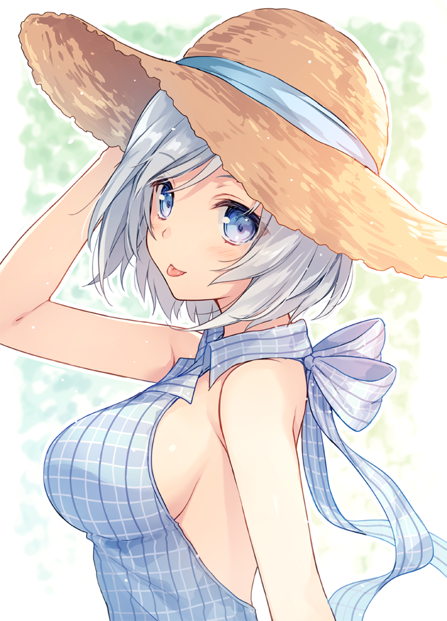 blue_eyes breasts dennou_shoujo_youtuber_shiro dress eyebrows_visible_through_hair hat plaid plaid_dress plaid_shirt rurudo shiro_(dennou_shoujo_youtuber_shiro) shirt sideboob silver_hair sun_hat tongue tongue_out virtual_youtuber white_hair