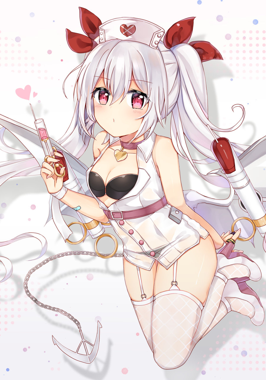 1girl azur_lane bandage bandaged_arm bandages bangs bare_arms bare_shoulders bat_wings black_bikini_top breasts chains choker cleavage closed_mouth collarbone commentary_request dress eyebrows_visible_through_hair full_body garter_straps grey_wings hair_between_eyes hair_ribbon hat heart high_heels highres holding holding_syringe long_hair looking_at_viewer low_wings metal_wings nurse_cap red_choker red_eyes red_ribbon ribbon shikino_(sikinonono) silver_hair sleeveless sleeveless_dress small_breasts solo syringe thigh-highs twintails vampire_(azur_lane) very_long_hair white_background white_dress white_footwear white_hat white_legwear wings