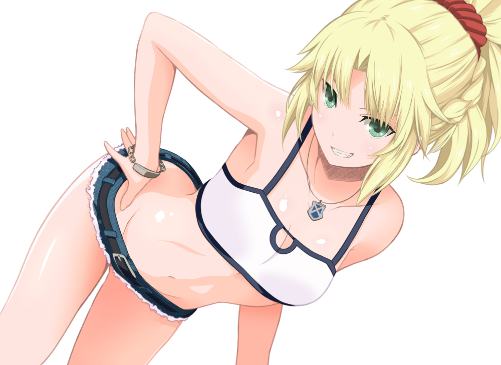 1girl bandeau bare_shoulders belt blonde_hair bracelet breasts cleavage dutch_angle fang fate/apocrypha fate_(series) green_eyes hand_on_hip jewelry leaning_forward midriff mordred_(fate)_(all) navel necklace shorts smile tsukumo