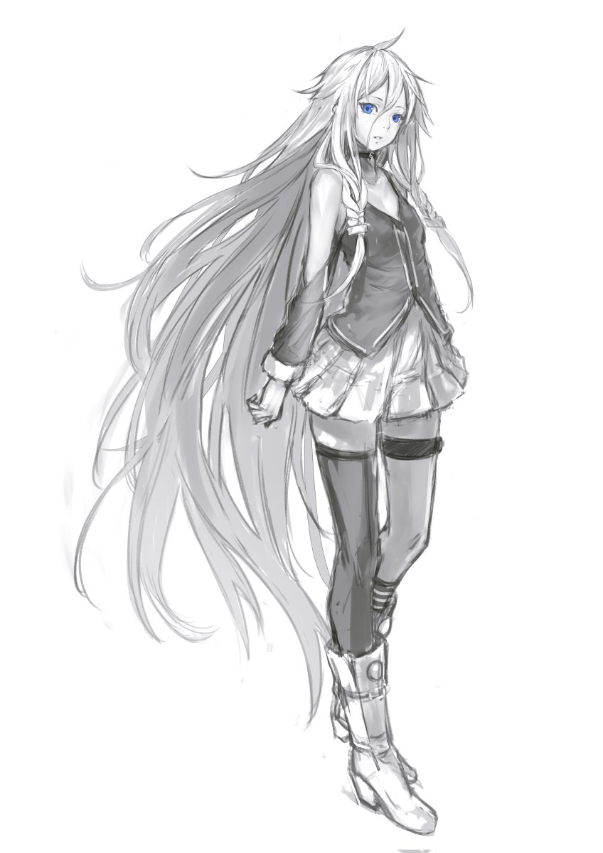 1girl ahoge boots braid choker commentary_request copyright_request detached_sleeves full_body fur_trim greyscale high_heel_boots high_heels highres long_hair long_sleeves looking_at_viewer monochrome pleated_skirt simple_background skirt solo spot_color sugi_214 thigh-highs very_long_hair vest white_background zettai_ryouiki