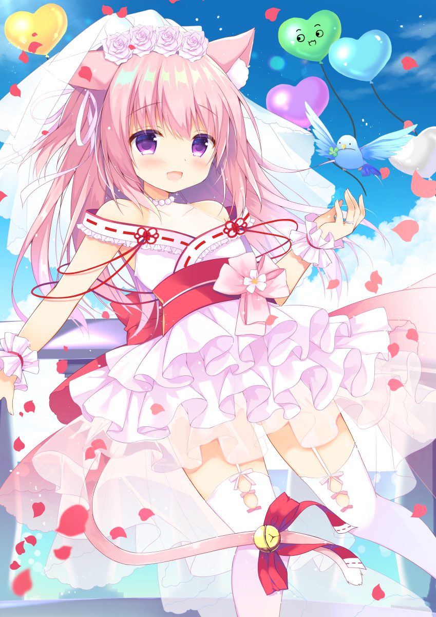 1girl :d animal_ears azur_lane balloon bangs bell bird blue_sky blush bow cat_ears cat_girl cat_tail clouds clover commentary_request day eyebrows_visible_through_hair flower four-leaf_clover hair_between_eyes hair_flower hair_ornament hair_ribbon heart heart_balloon highres japanese_clothes jewelry jingle_bell kimono kimono_skirt kisaragi_(azur_lane) long_hair mouth_hold mutsuki_face off_shoulder one_side_up open_mouth outdoors petals pink_flower pink_hair pink_ribbon pink_rose purinko red_bow ribbon ribbon-trimmed_clothes ribbon_trim ring rose see-through sky smile solo tail tail_bell tail_bow thigh-highs veil very_long_hair violet_eyes wedding_band white_kimono white_legwear wrist_cuffs