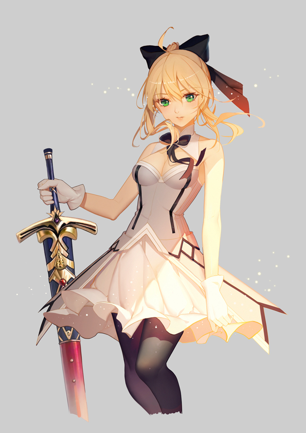 1girl ahge bare_shoulders black_bow blonde_hair bow cntrapposto fate/grand_order fate_(series) gloves green_eyes hair_bow lips looking_at_viewer pantyhose ponytail saber_lilu sheathe simple_background solo soulkiller standing sword weapon