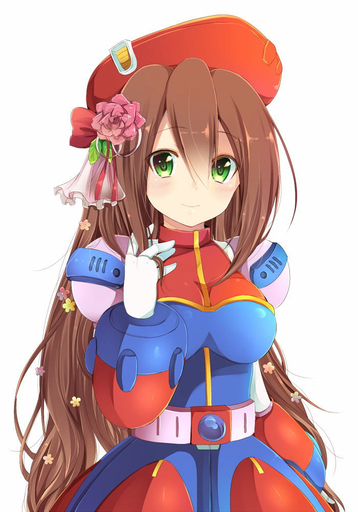 1girl android beret blush breasts brown_hair cowboy_shot eyebrows_visible_through_hair flower gloves green_eyes hair_between_eyes hair_flower hair_ornament hat iris_(rockman_x) large_breasts long_hair looking_at_viewer red_hat rento_(rukeai) rockman rockman_x rockman_x4 simple_background smile solo source_request white_background white_gloves