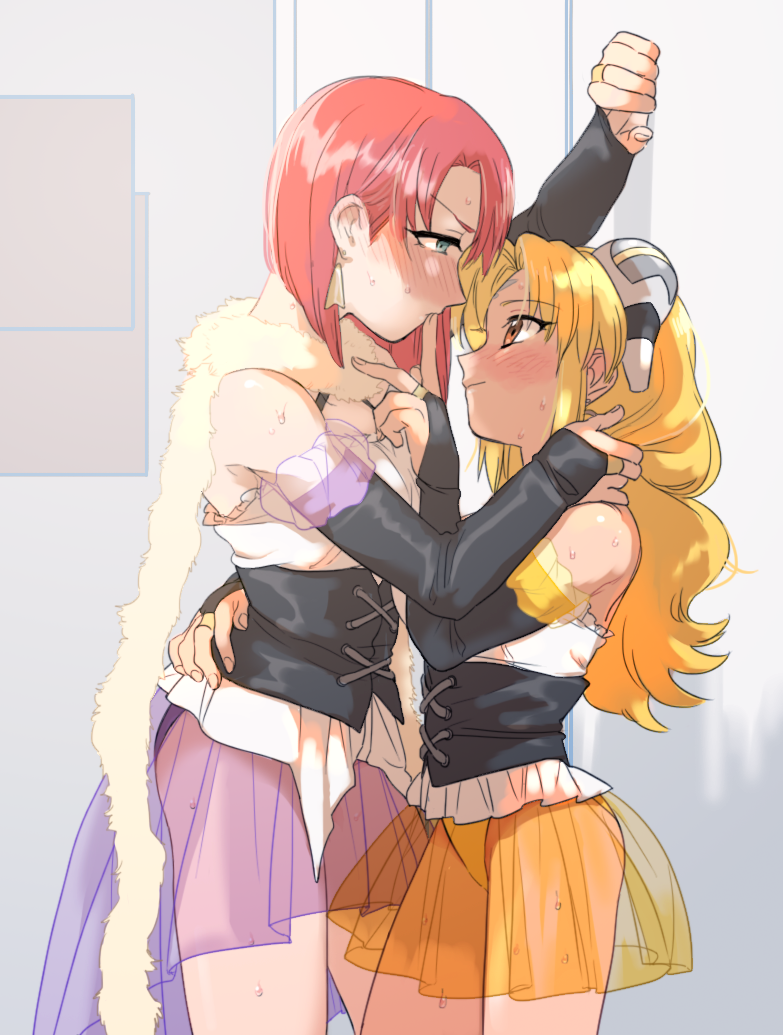 2girls alternate_costume arm_around_waist bangs bare_shoulders blonde_hair blush bridal_gauntlets brown_eyes cape detached_sleeves earrings eyebrows_visible_through_hair forte_stollen galaxy_angel hair_ornament hakinikui_kutsu_no_mise hand_on_another's_neck hand_on_another's_waist head_down jewelry long_hair looking_at_another looking_up miniskirt multiple_girls ranpha_franboise redhead see-through short_hair sidelocks skirt smile wall_slam yuri